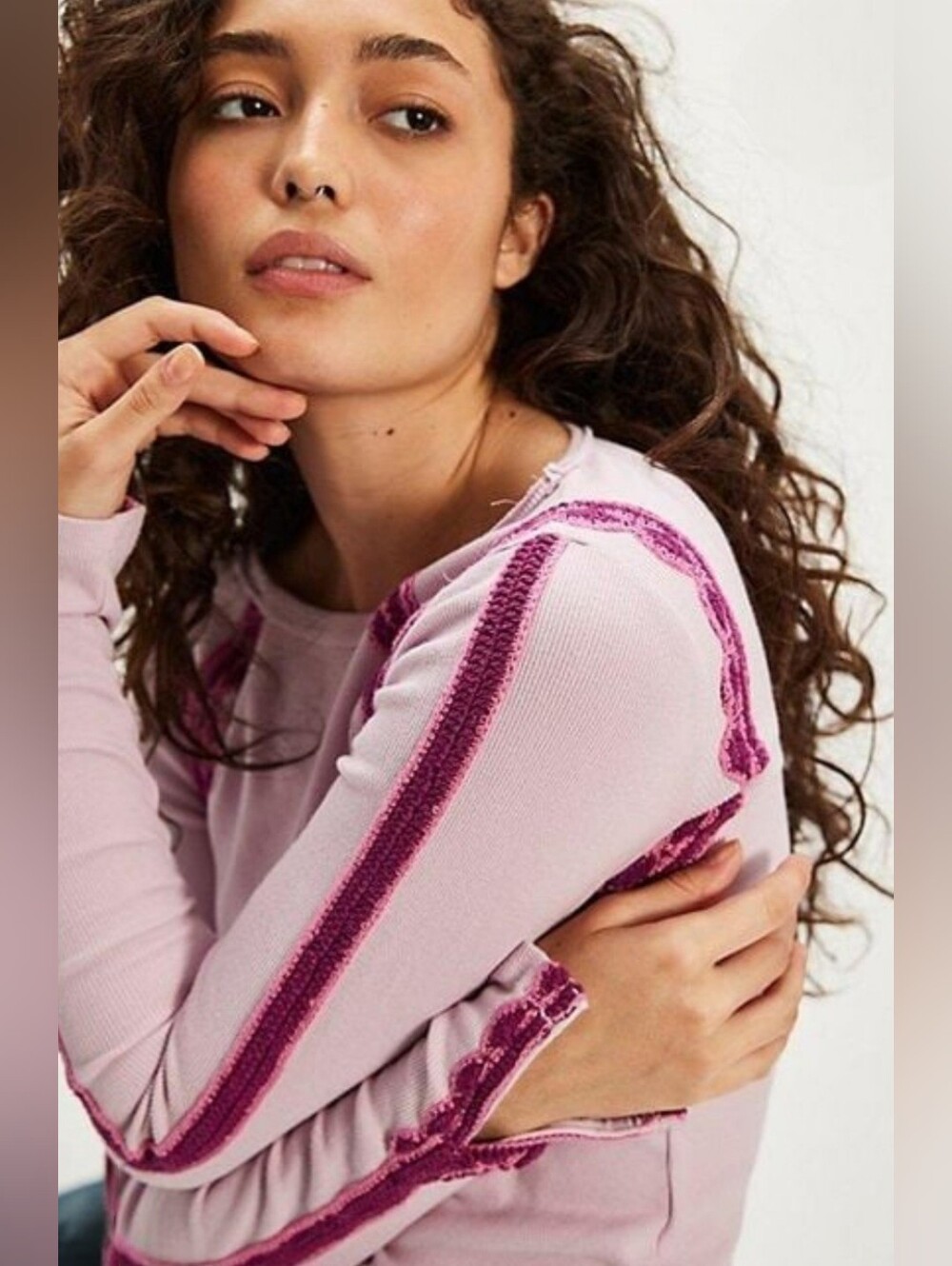 Free People Lost Love Ribbed Pink Top with Contrasing Lace Trim